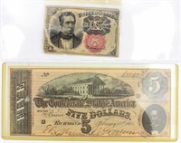 Coin Confederate $5 Note and 10 Cent Fractional