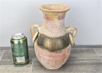 9" BRASS & COPPER CLAD CLAY VASE W/ RING HANDLES