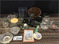 ASSORTMENT OF CANDLE HOLDERS, GLASSES, PICTURES