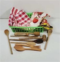 Vintage wood spoons & kitchen towels with green