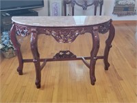 HALL TABLE W/MARBLE TYPE TOP /ORINATE WOOD