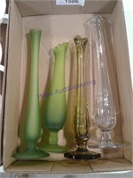 Green satin vases(2), clear green vase, clear vase