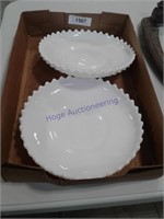 Milkglass diamond round flat bowls, 9.5", pair