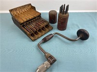 VARIOUS ANTIQUE TOOLS - HAND DRILL & PUNCHES