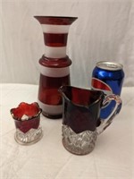 3 pc Ruby Flash, Tallest 8 1/2",  Pitcher has Chip