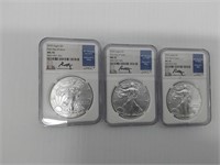 (3) signed 2020 MS-70 silver Eagles