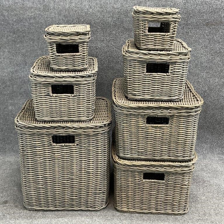 7pc Grey Wicker Lidded Storage Baskets