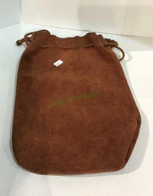Suede leather cinch sack measuring 13 1/2 inches