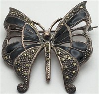 Sterling, Marcasite & Black Stone Butterfly Pin