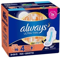 76-Pk Always Ultra Thin Overnight Pads, Unscented