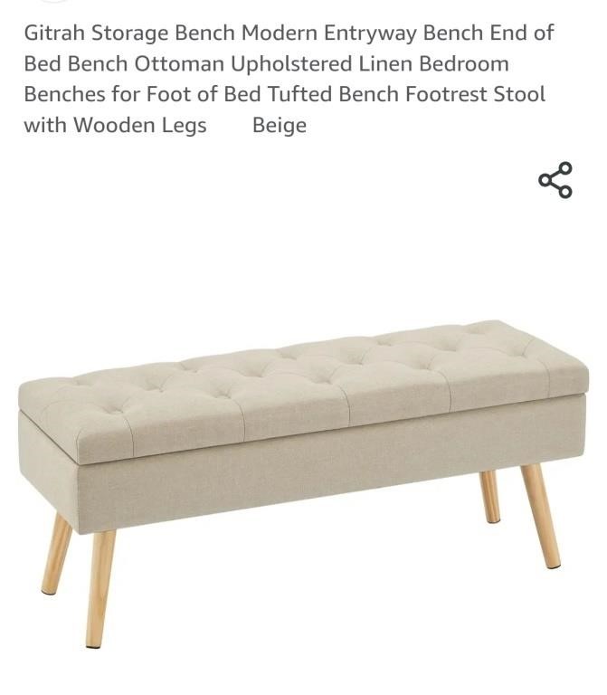 NEW Storage Bench w/ Wooden Legs, Upholstered