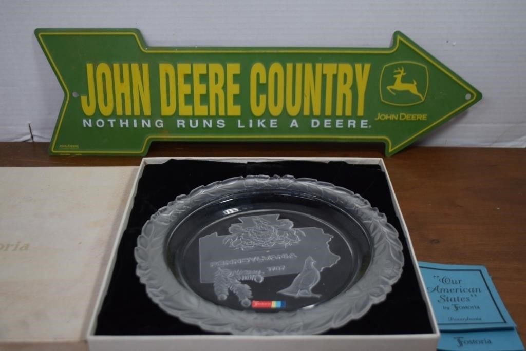 Metal John Deere Sign & Fostoria Plate w/ Box