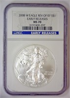 2008-W Burnished Silver Eagle Rev '07 NGC MS70