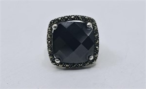 Sterling Silver Onyx and Marcasites Ring