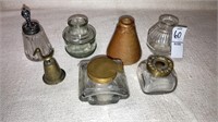 Old ink wells bottles pottery & glass, sterling