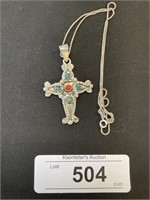 925 Sterling Silver Chain, Turquoise Cross.
