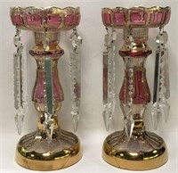 Pair Of Gilt & Cranberry Glass Lusters With Prisms