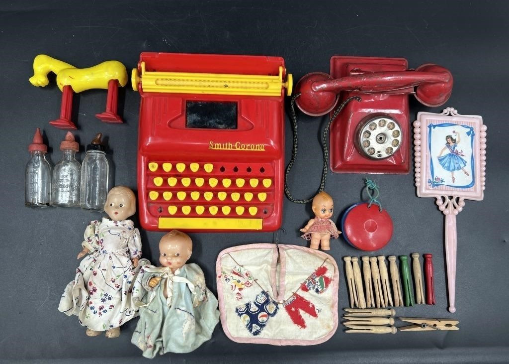 Vintage 1950s Toys - Typewriter, Phone, Baby Dolls