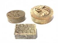 3 Soapstone Carved Boxes w Goodies