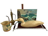 Wooden Carved Duck, Stoneware Pitcher, Brass