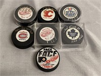 6 Autographed Hockey Pucks & 1997 Stanley Cup Puck