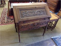 French Neoclassical Tiger Oak Drop Front Secretary