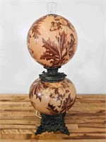 Antique Fall Leaves Painted Glass  Oil Lamp