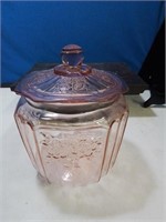 Pink depression glass biscuit jar with lid a few