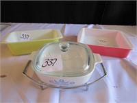 2 PYREX BAKING DISHES (YELLOW AND PINK)   CORNING