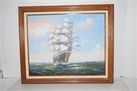 Framed Oil on Canvas Ship Painting by Ambrosz