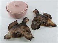BAUER Covered Dish w/ Lid & Grouse Wall Plaques