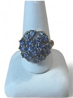 Silver .925 Cluster Ring w/Blue Stones, Size 9