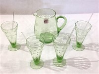 Green Etched Glass Pitcher & 4 Matching