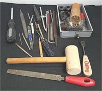 Wooden mallet, files, screwdrivers, and more