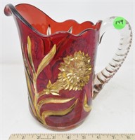 Ruby Red flash glass pitcher with gold enhanced