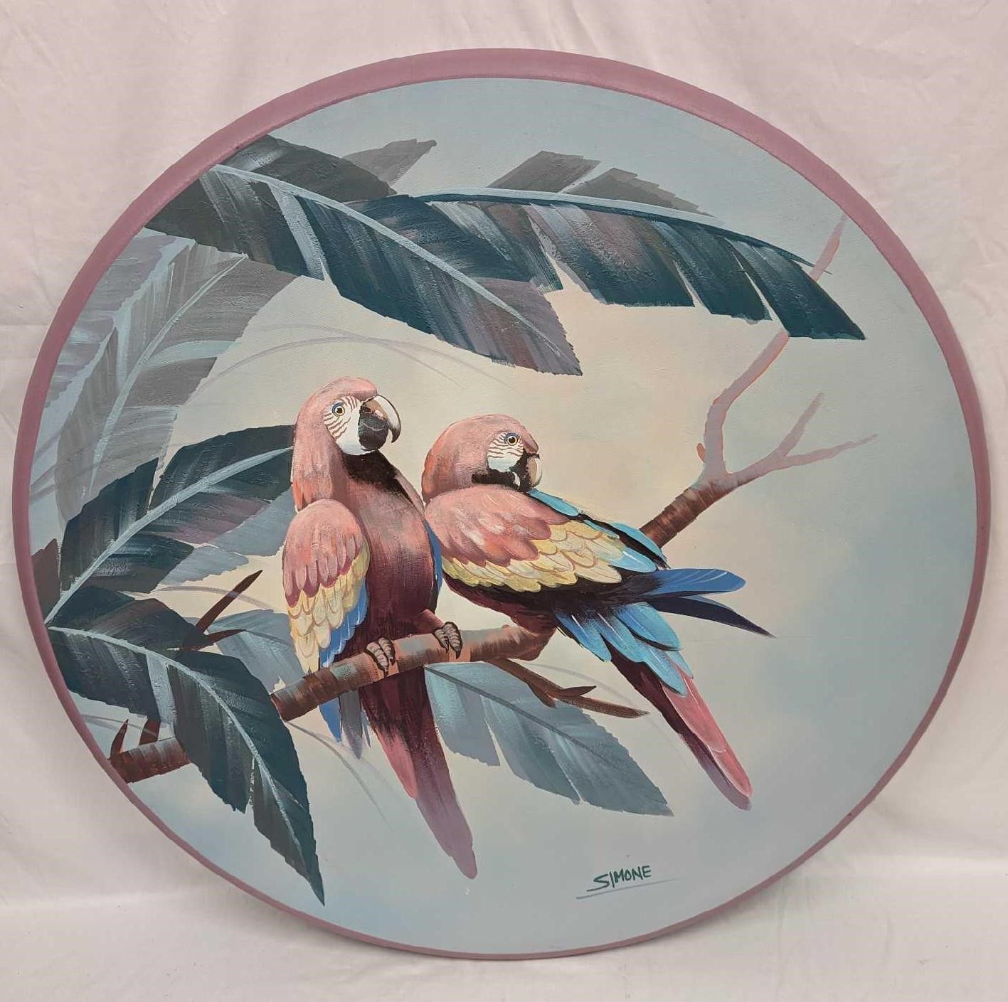 Original Round Acrylic On Canvas Two Parrots Simon
