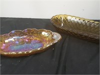 Two serving dishes. Carnival glass and Amber