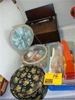 WOODEN SEWING BOX AND CONTENTS, SEWING BASKET AND