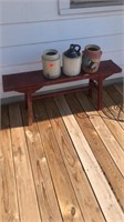 2-crocs, pottery piece & wood bench