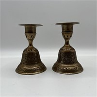 Pair vintage brass bell candle holders etched