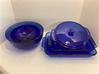 Five Pieces of Blue Glass Kitchen Ware
