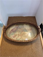 BOHO Wiicker Tray with Bird Scene Under Glass