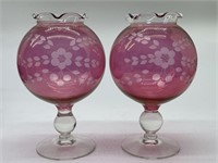 (2) Vtg. Etched Cranberry Pedestal Rose Bowls w/