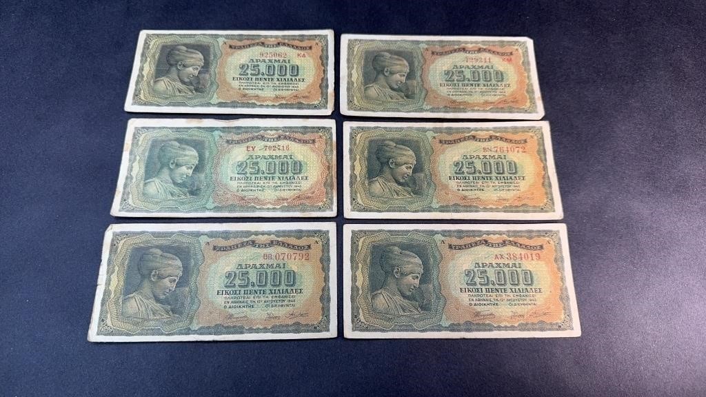 (6) 5,000 DRACHMA WWII NOTES