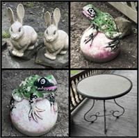 Frog & Bunny Garden Decor with Wrought Iron Table