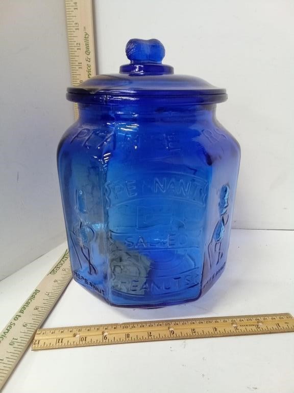 Blue Glass Pennant 5cent Salted Peanuts Jar