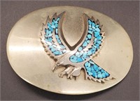 (D) Silvertone Turquoise Eagle Belt Buckle (3"