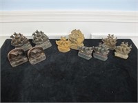box lot of bronze and metal book ends 4.5 sets