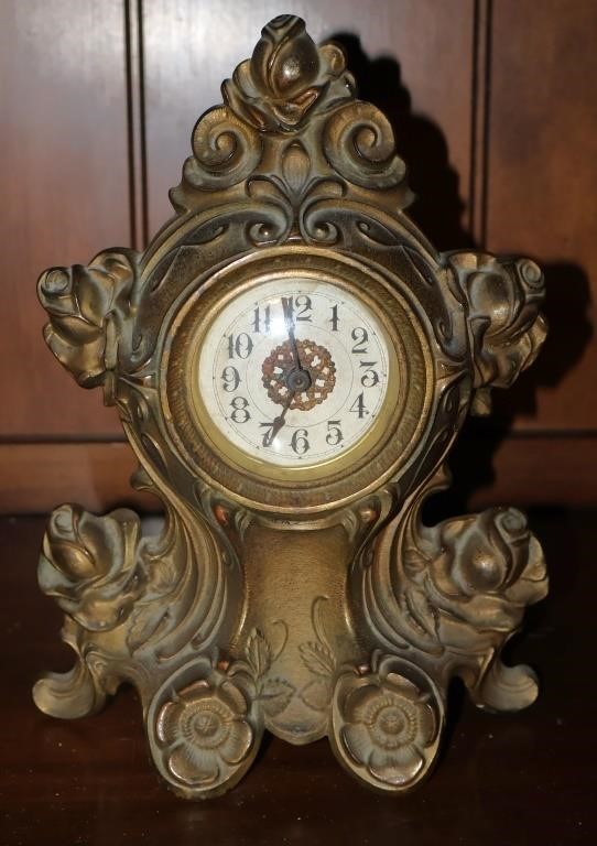 Vntg Floral Heavy Brass Clock
