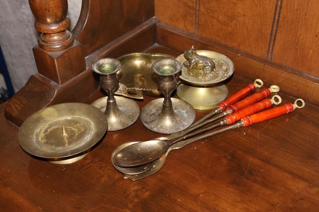 Brass Pieces- Candlestick Holders, Utensils+